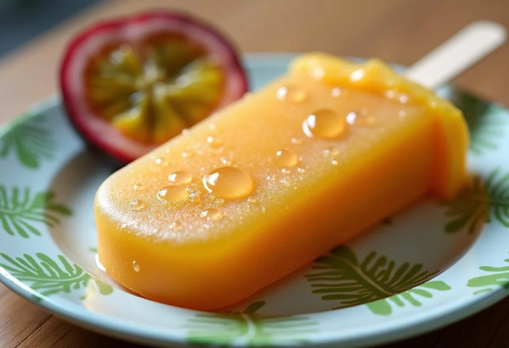 Picolé de maracujá frescor tropical pronto, refrescante e com gotas de condensação, perfeito para dias quentes.