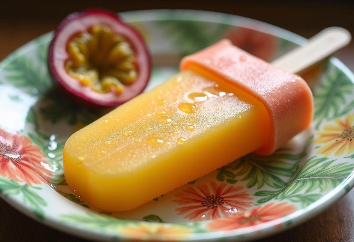 Picolé de maracujá frescor tropical pronto, refrescante e com gotas de condensação, perfeito para dias quentes.