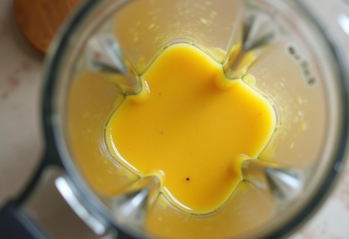 Mistura de maracujá sendo batida no liquidificador para picolé de maracujá frescor tropical.