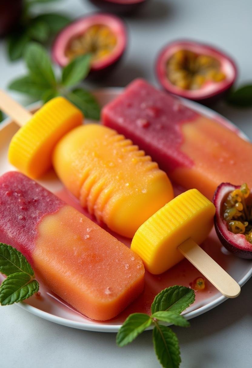 Picolé de maracujá Frescor Tropical com apresentação colorida e refrescante, ideal para dias quentes.