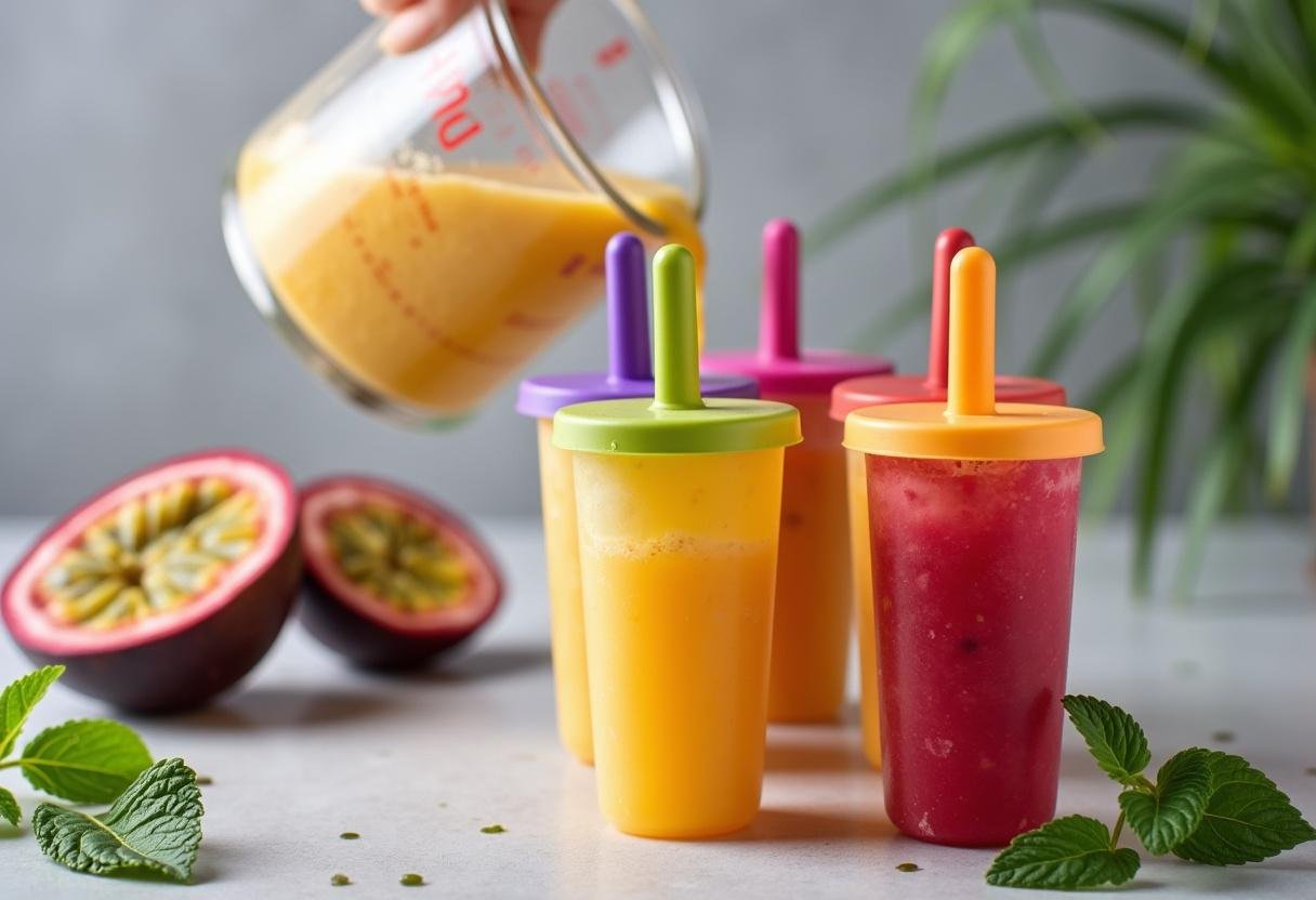Despejando a mistura de maracujá em formas de picolé coloridas para o picolé de maracujá Frescor Tropical.