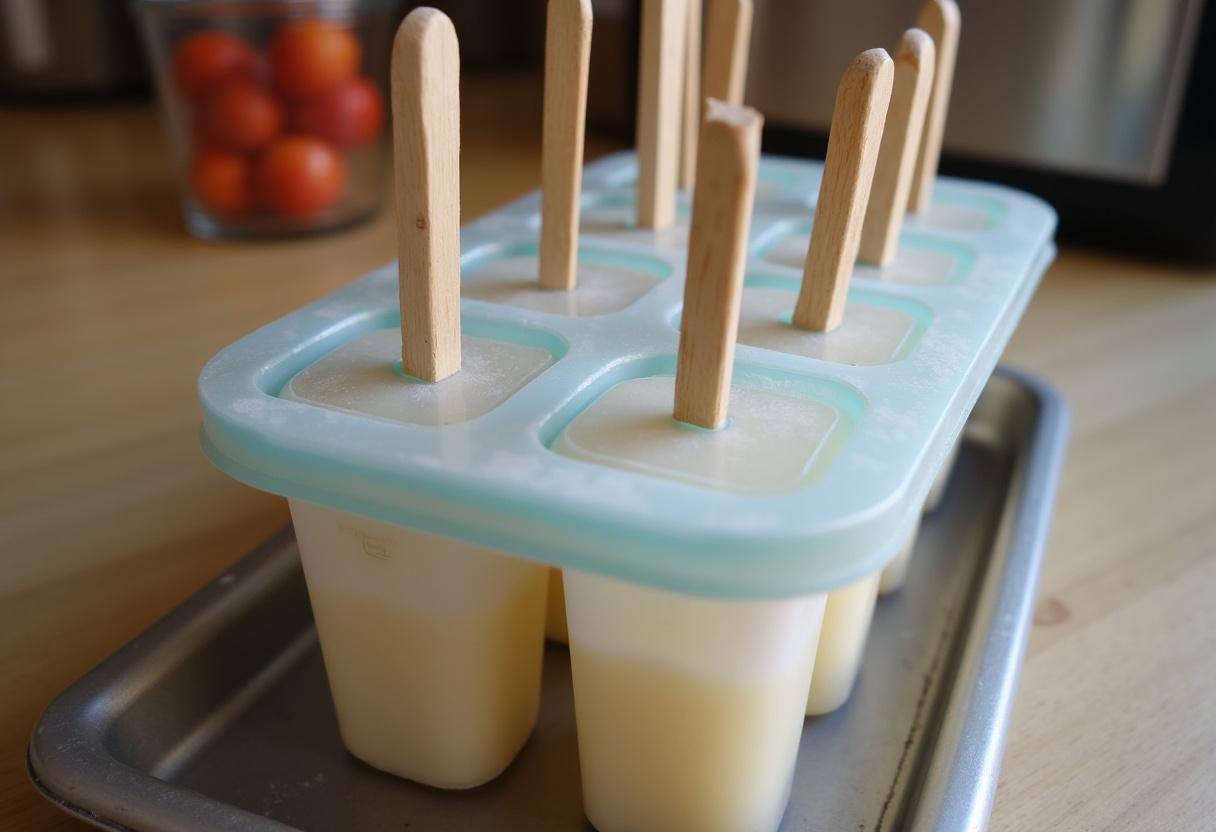 Inserindo palitos de madeira nas formas de picolé para garantir estabilidade ao picolé de maracujá Frescor Tropical.