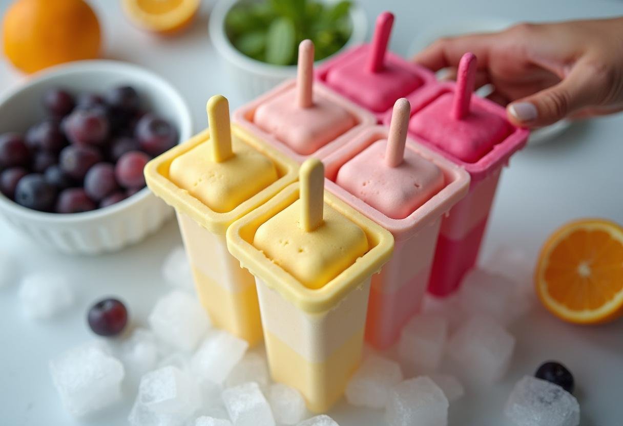 Formas de picolé de maracujá Frescor Tropical sendo colocadas no congelador para endurecer.