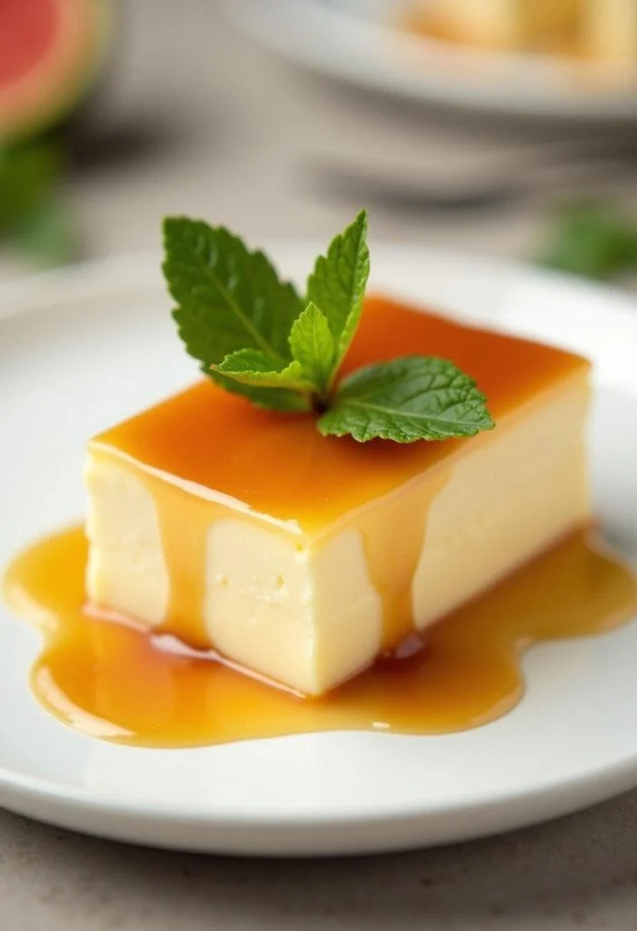 Porção do pudim de leite condensado clássico fatiado, decorada com caramelo e ervas para servir.