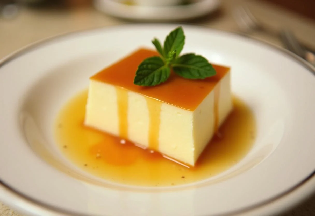 Porção do pudim de leite condensado clássico fatiado, decorada com caramelo e ervas para servir.