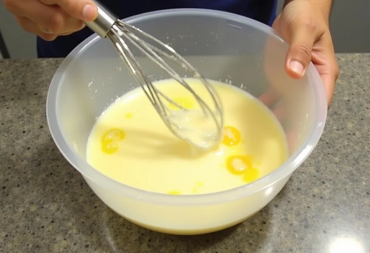Mistura de leite condensado, ovos e leite integral em um bowl para fazer pudim de leite condensado clássico.