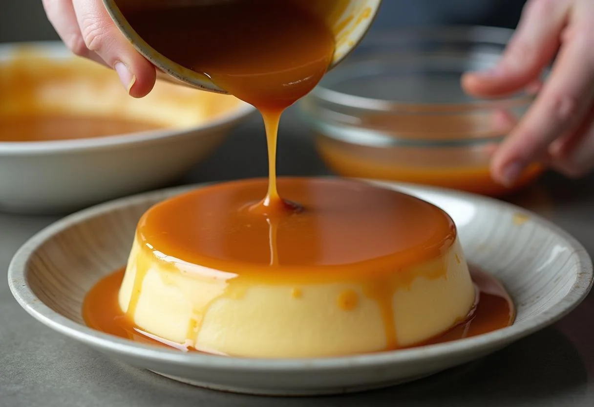 Molho de caramelo sendo colocado em uma forma para pudim de leite condensado clássico.