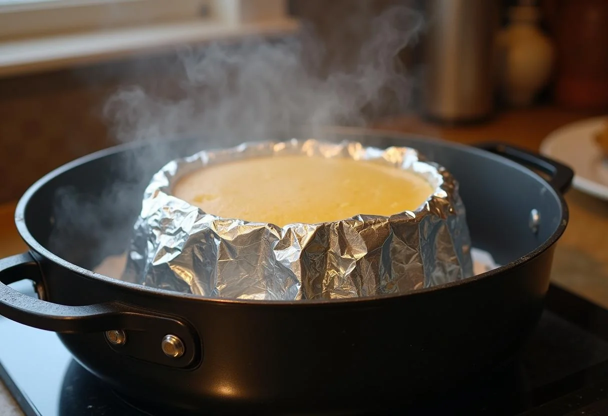 Forma de pudim coberta com papel alumínio sendo colocada em uma panela para cozinhar a vapor.