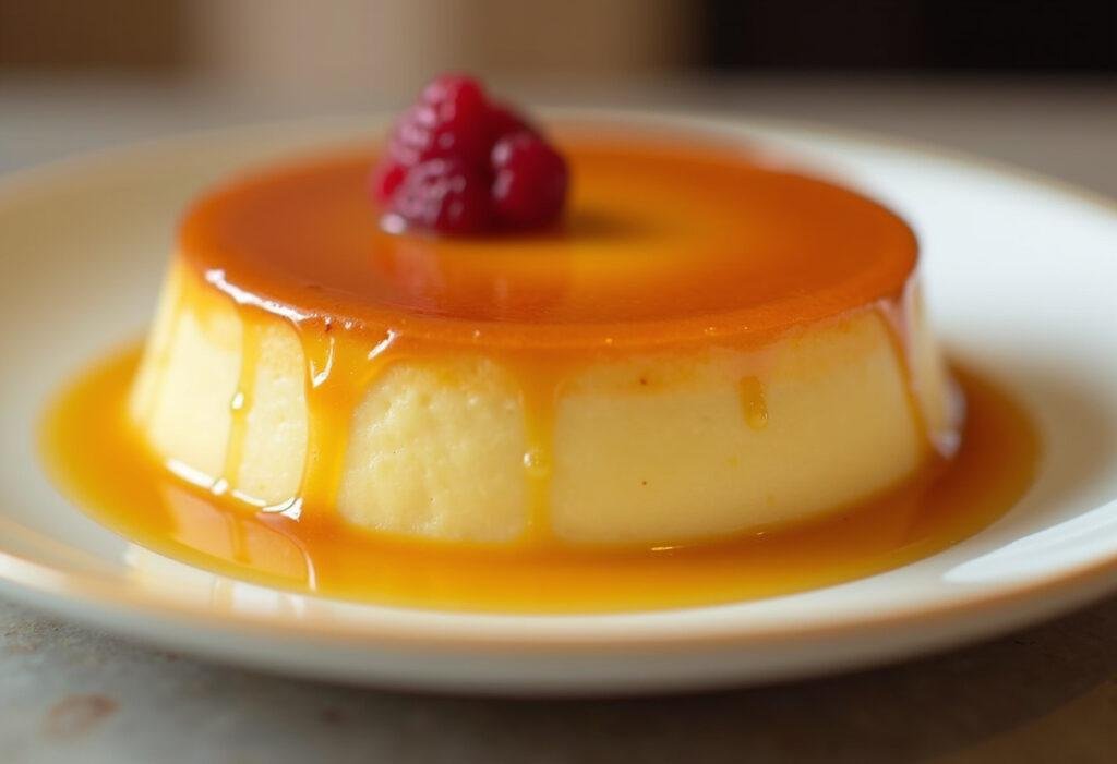 Pudim de leite condensado finalizado, desenformado e com calda de caramelo escorrendo, pronto para servir.