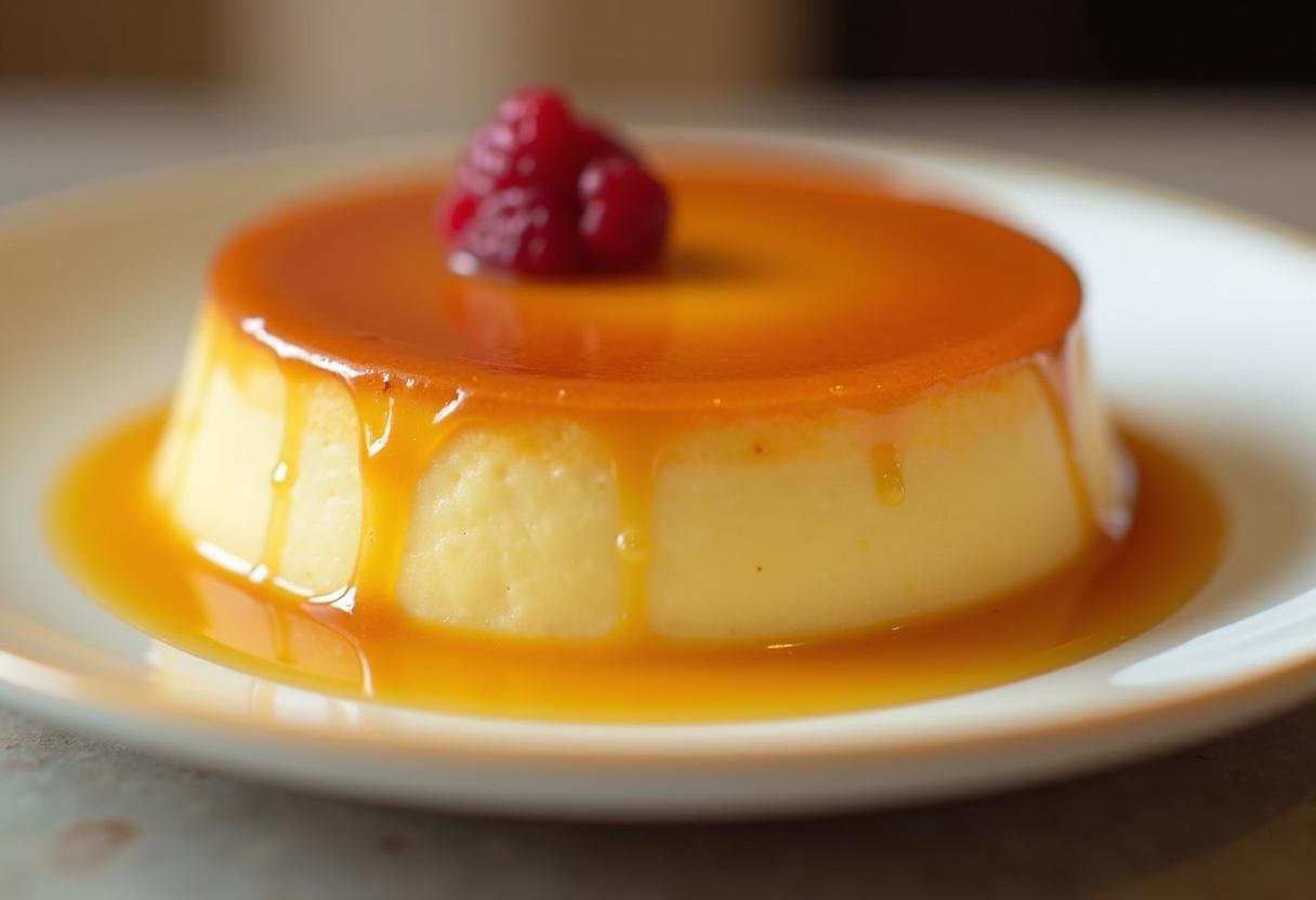 Pudim de leite condensado finalizado, desenformado e com calda de caramelo escorrendo, pronto para servir.