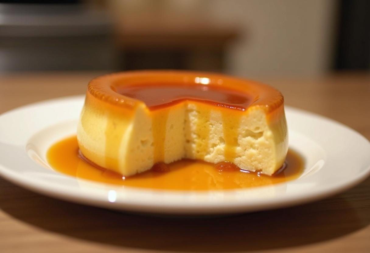 Pudim de leite condensado finalizado, desenformado e com calda de caramelo escorrendo, pronto para servir.