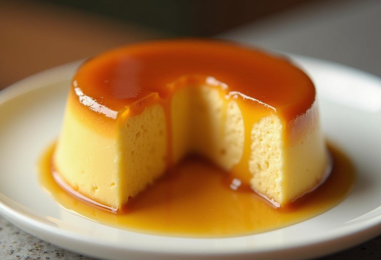 Pudim de Leite Condensado Sensacional perfeito, desenformado e coberto com calda dourada.