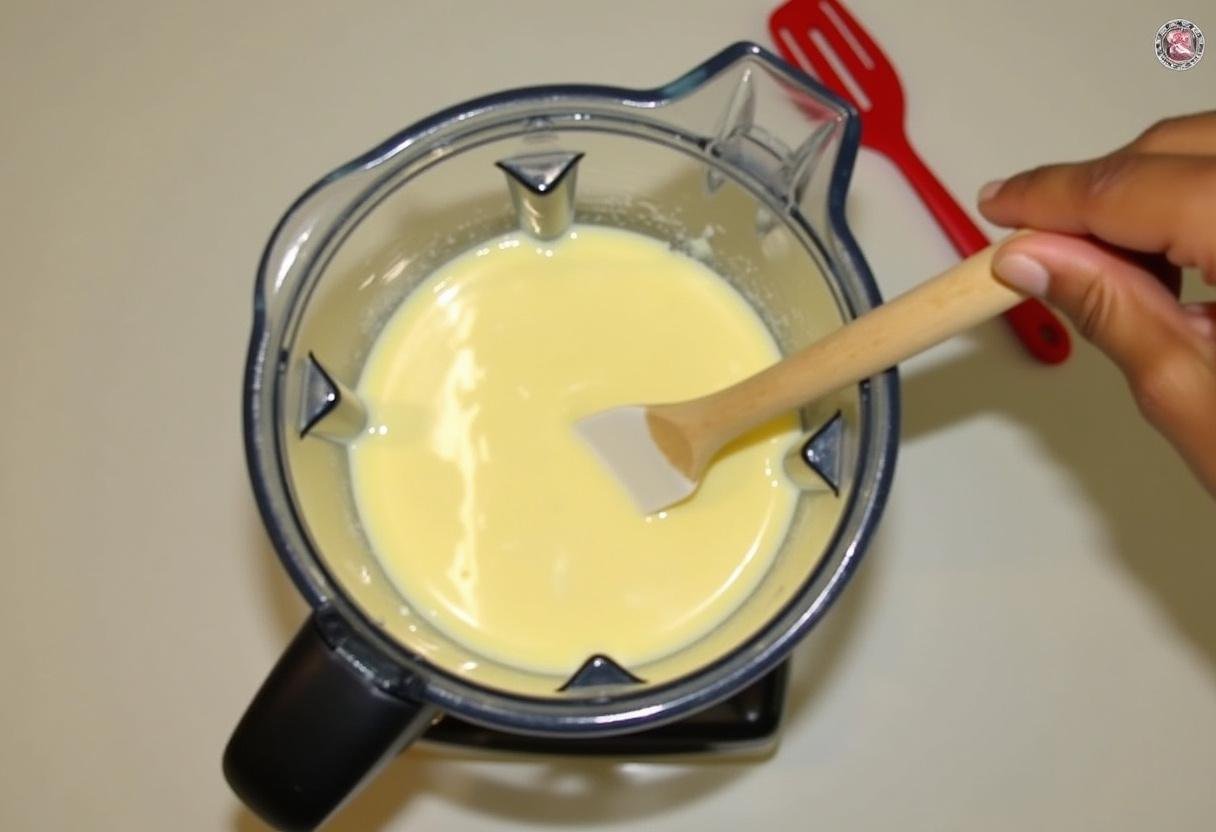 Liquidificador misturando leite condensado, leite integral e ovos para a massa do pudim.