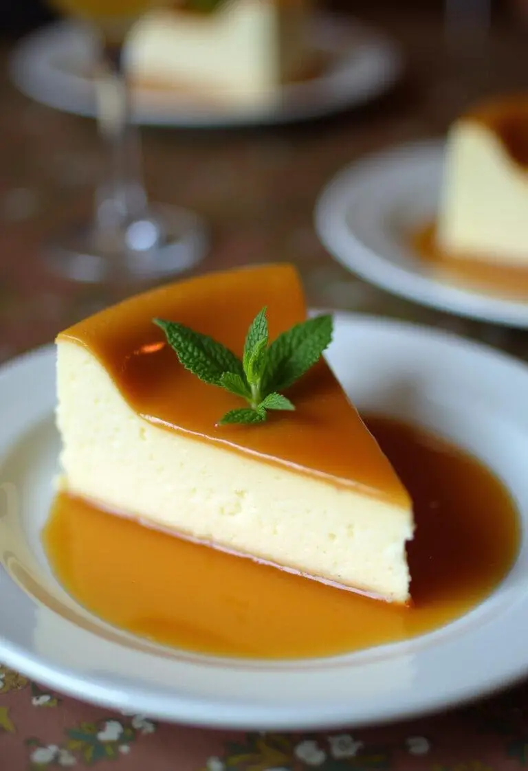 Pudim de leite condensado com calda caramelizada, decorado com folhas de hortelã.