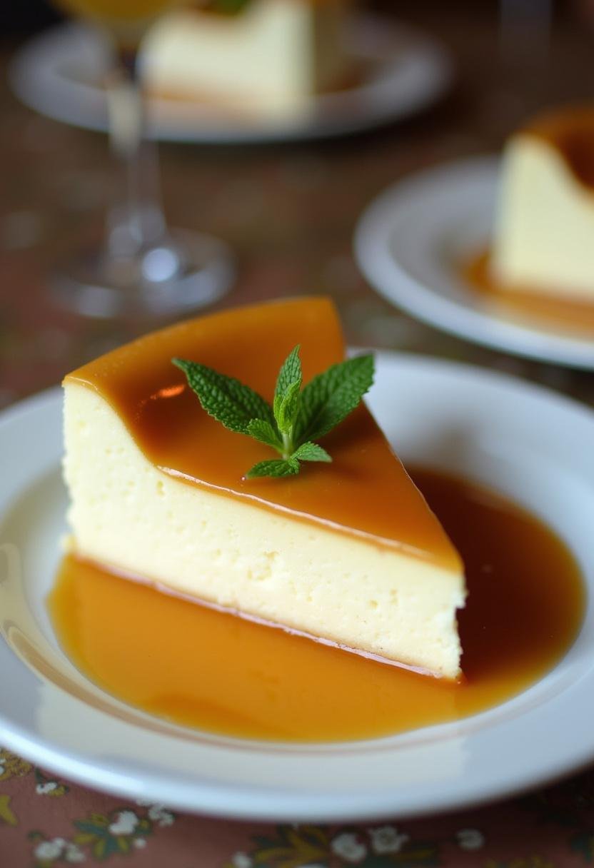 Pudim de leite condensado com calda caramelizada, decorado com folhas de hortelã.