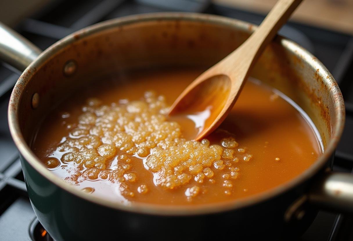 Calda caramelizada sendo preparada para o pudim de leite condensado.