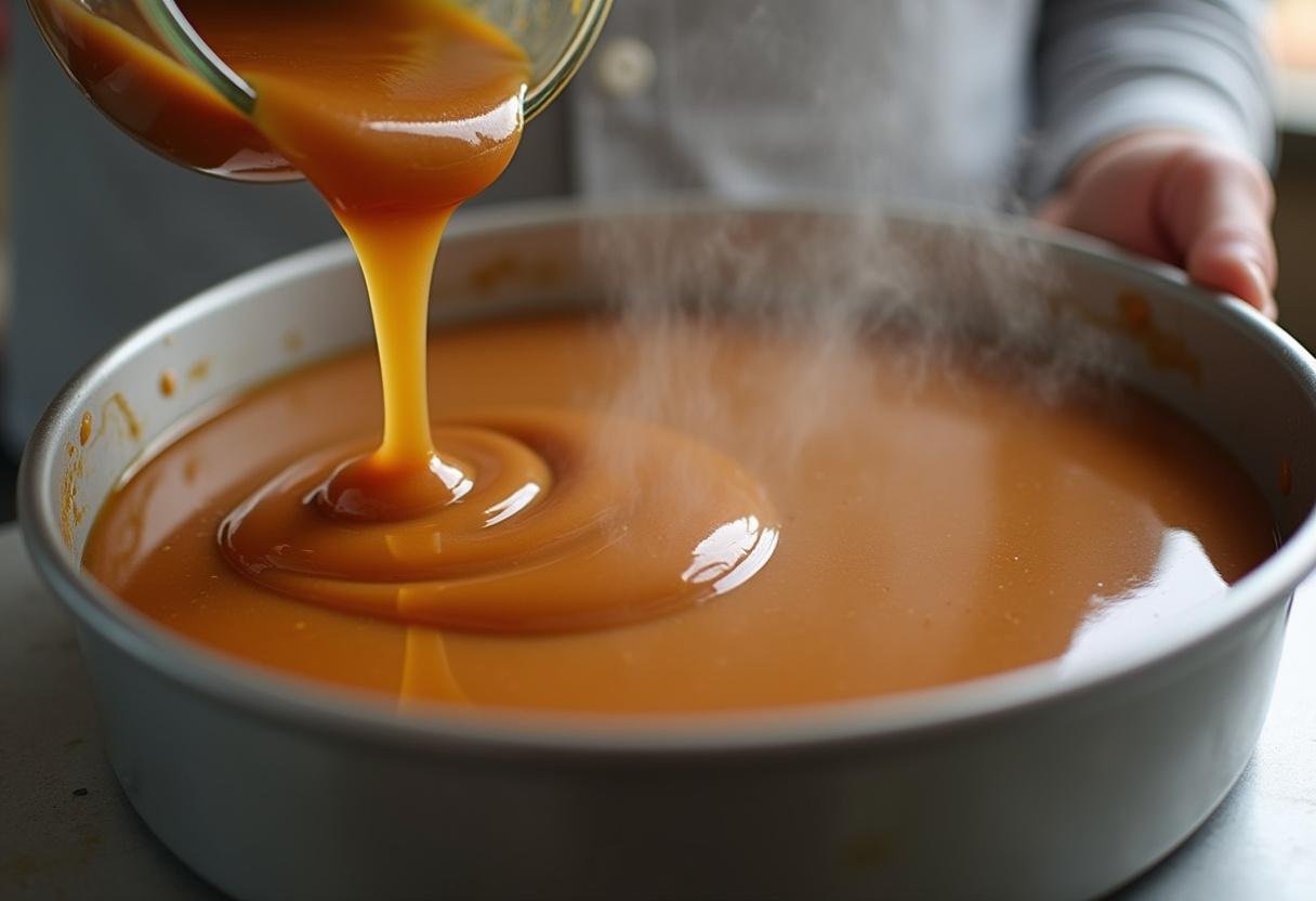 Calda caramelizada sendo colocada no molde para pudim de leite condensado.