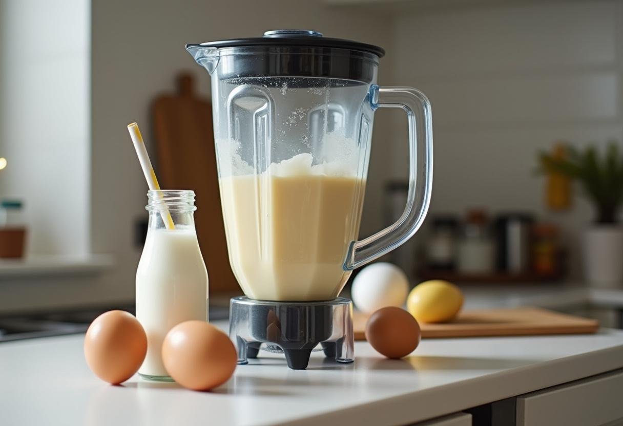 Ingredientes para pudim de leite condensado prontos para serem misturados no liquidificador.