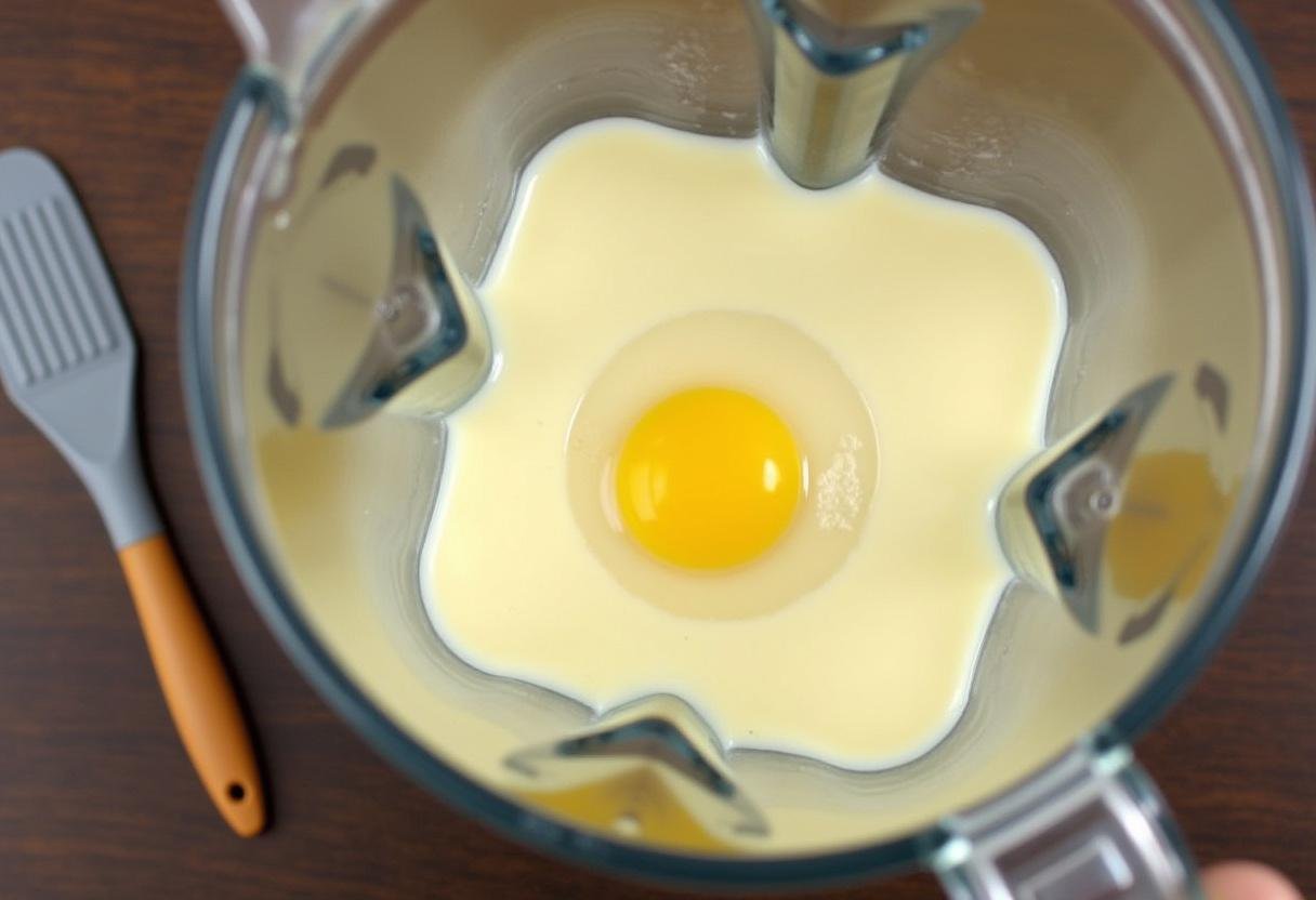 Liquidificador misturando os ingredientes para formar a massa cremosa do pudim de leite condensado.