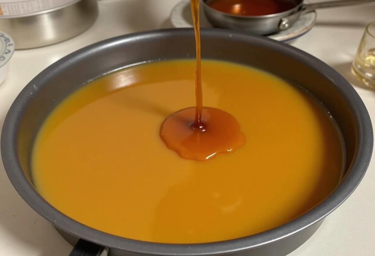 Calda de caramelo sendo despejada na forma de pudim para cobrir o fundo uniformemente.