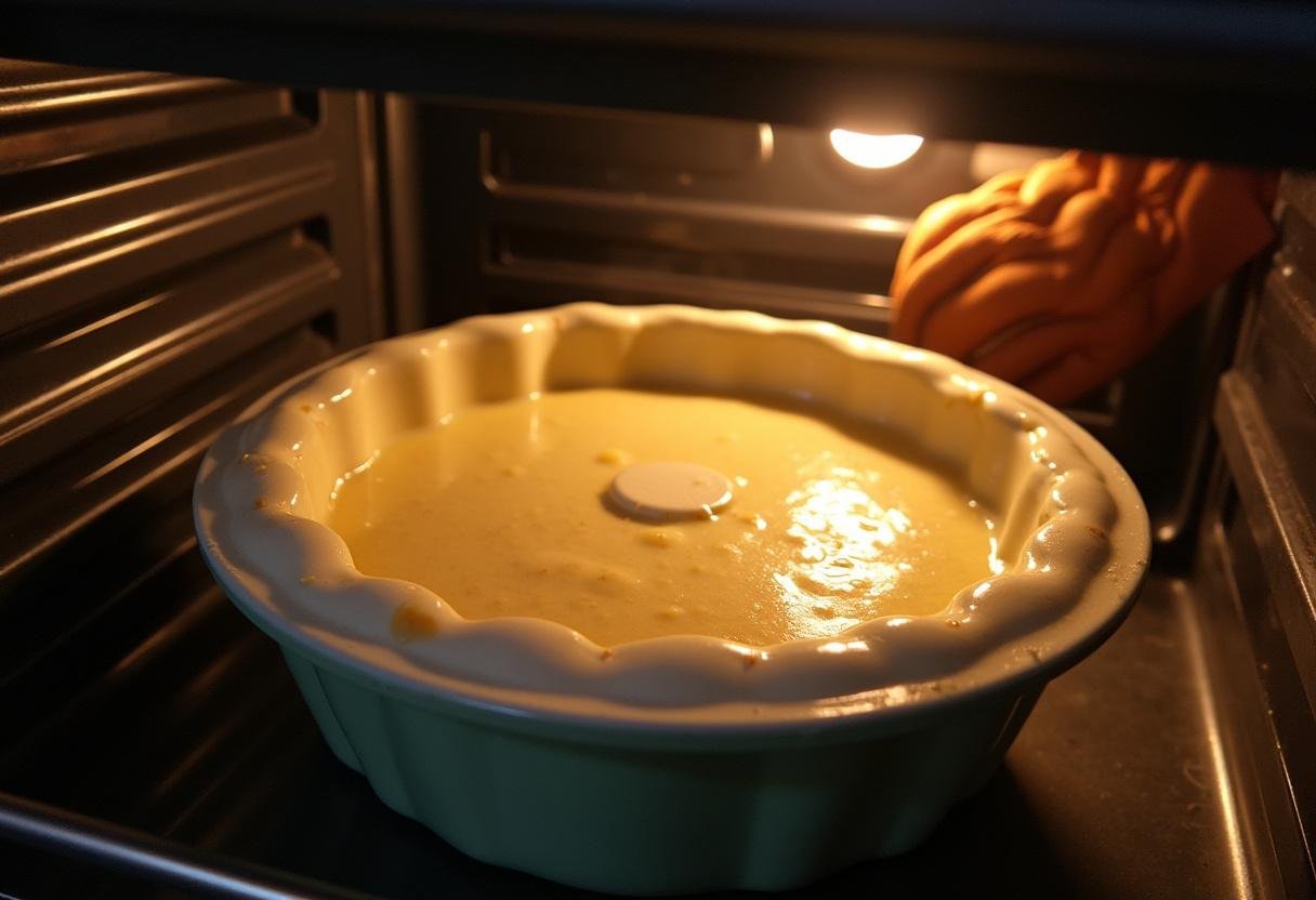 Forma com massa de pudim sendo colocada no forno em banho-maria para assar.