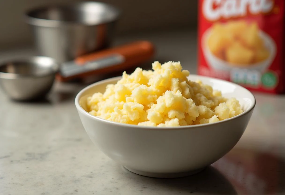 Ingredientes para purê de batata em pó, incluindo flocos de batata em um recipiente.