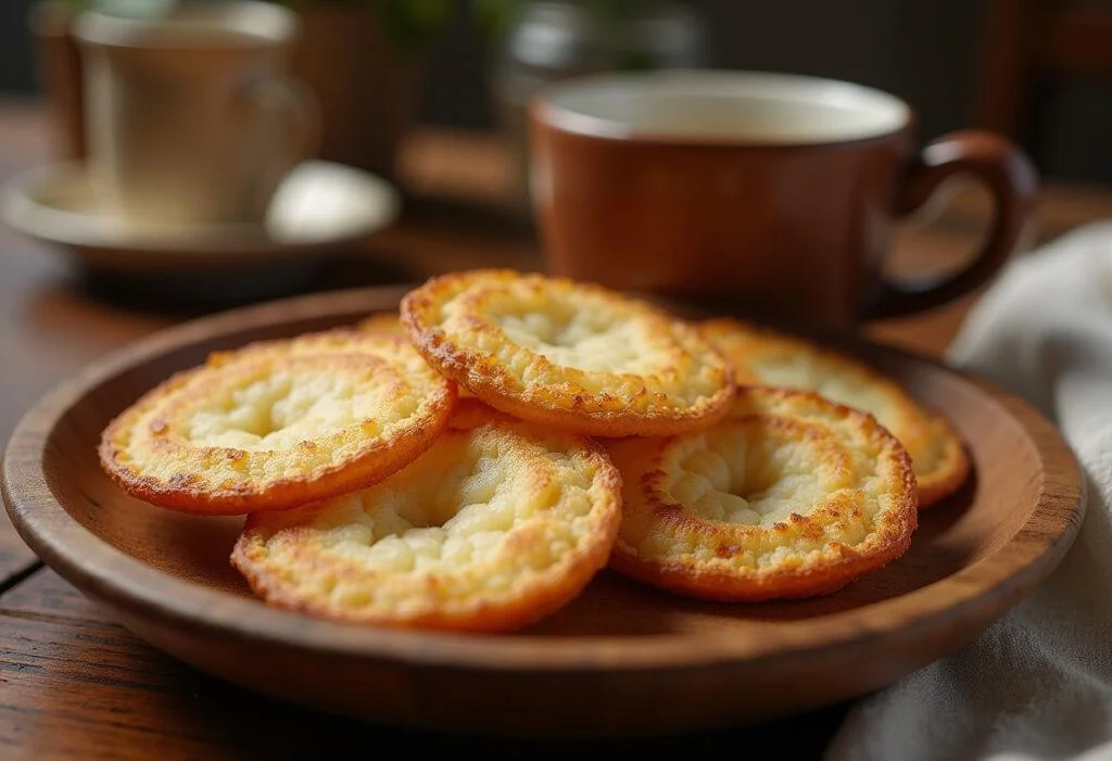 Quebra-Queixo do Interior Mineiro pronto, dourado e crocante, servido com café em uma mesa rústica.
