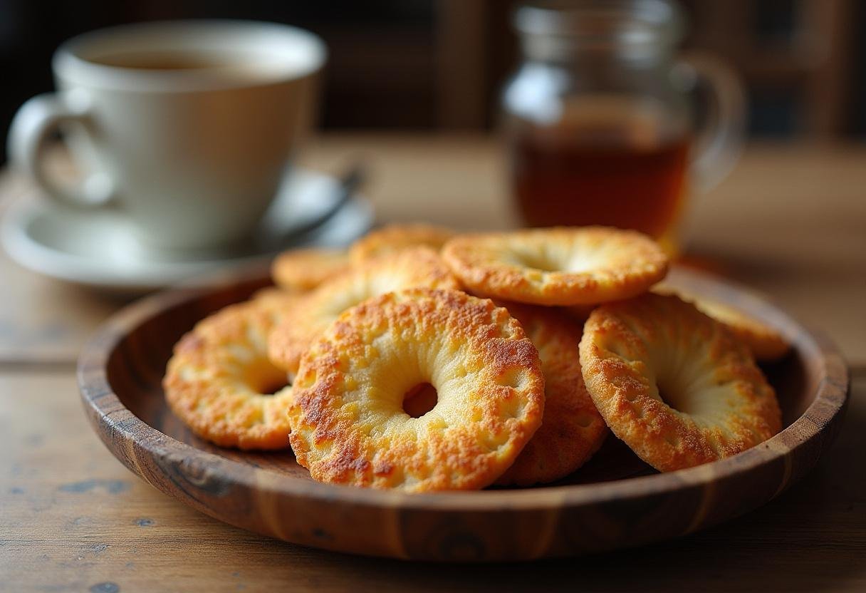 Quebra-Queixo do Interior Mineiro pronto, dourado e crocante, servido com café em uma mesa rústica.