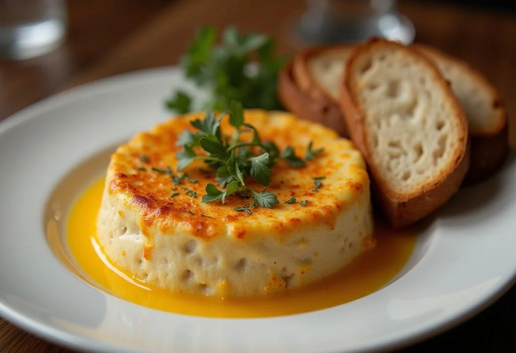 Finished Queijo Suico Furadinho served with fresh herbs and crusty bread, perfect for sharing.