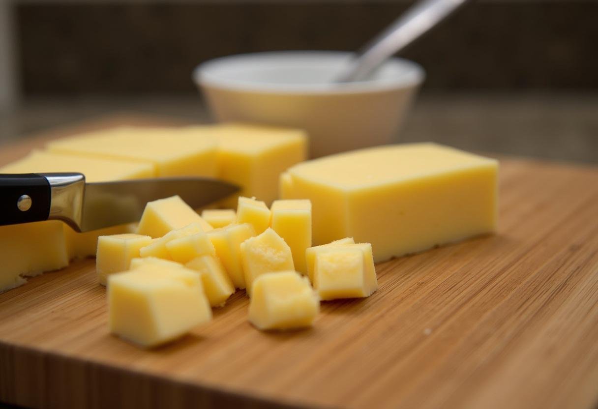 Cubos de queijo suíço sendo fatiados em uma tábua de corte para o Queijo Suíço Furadinho.