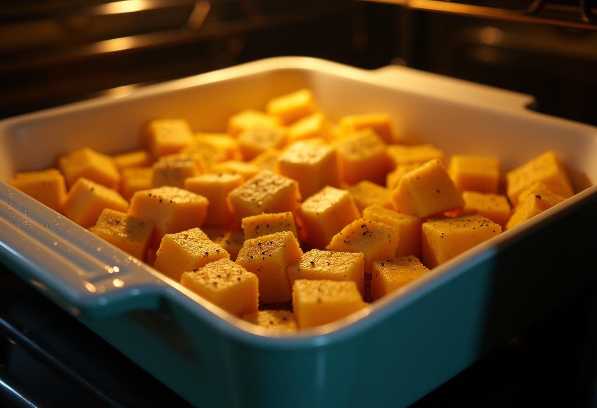 Assadeira com cubos de queijo suíço temperados prontos para o forno, preparando o Queijo Suíço Furadinho.