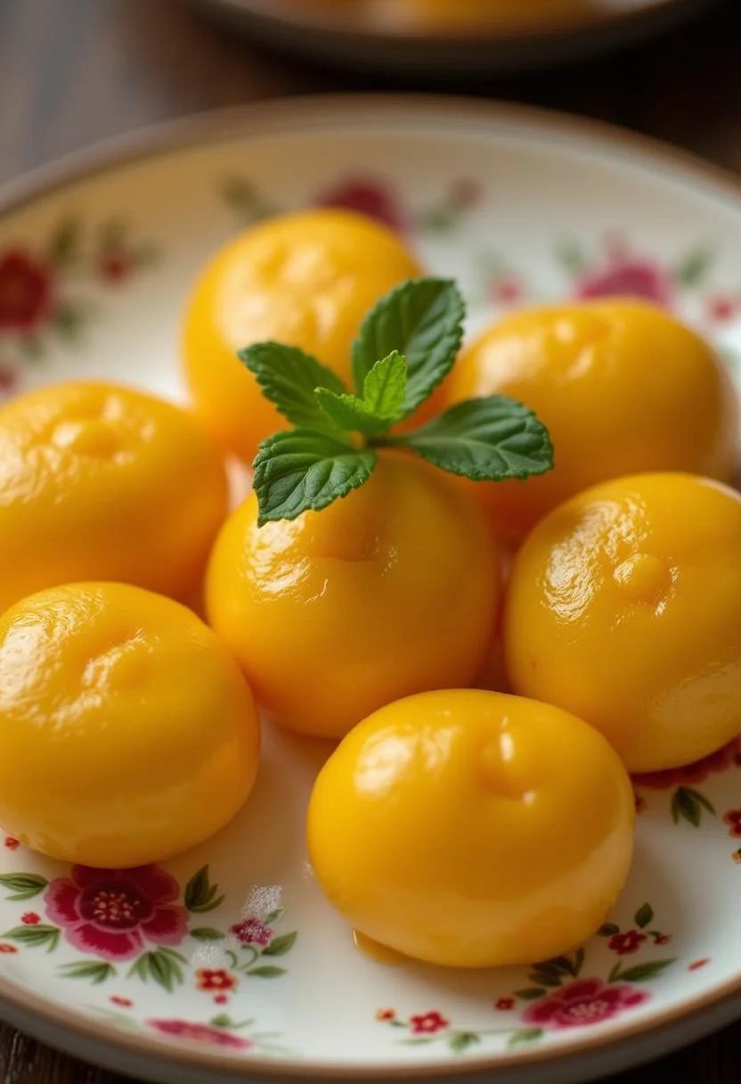 Quindims brilhantes e doces em um prato decorativo, prontos para serem servidos.