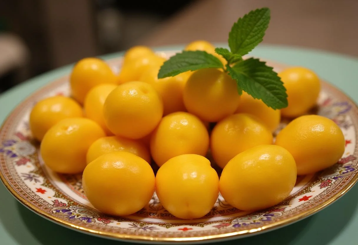 Quindims brilhantes e doces em um prato decorativo, prontos para serem servidos.