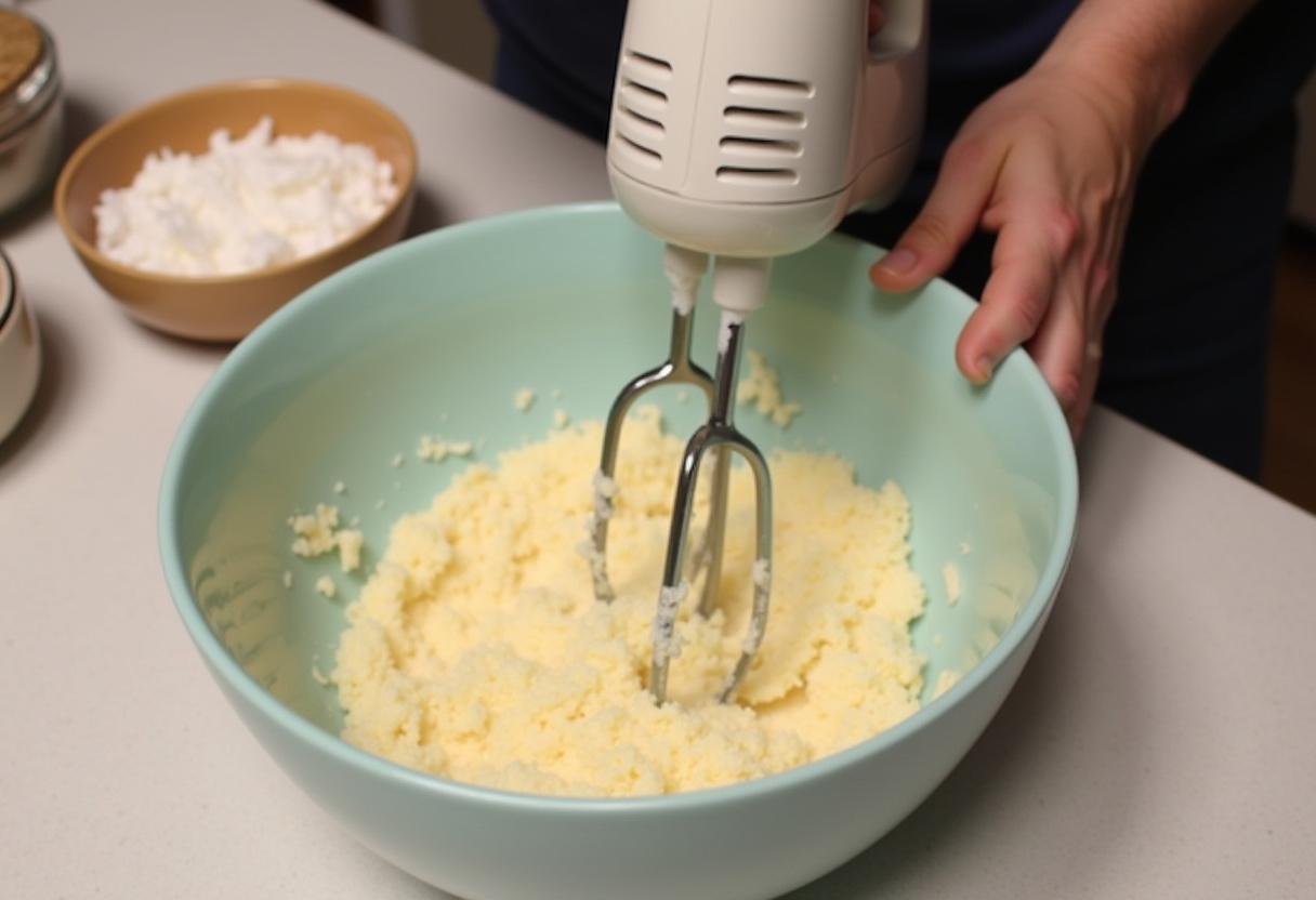 Mistura dos ingredientes do Quindim de Coco em processo com mixer elétrico.