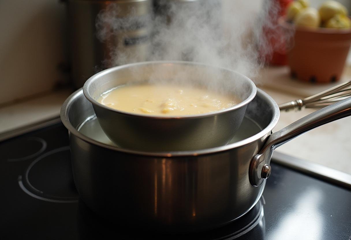Preparação do banho-maria para cozinhar o Quindim de Coco com uma tigela no vapor.