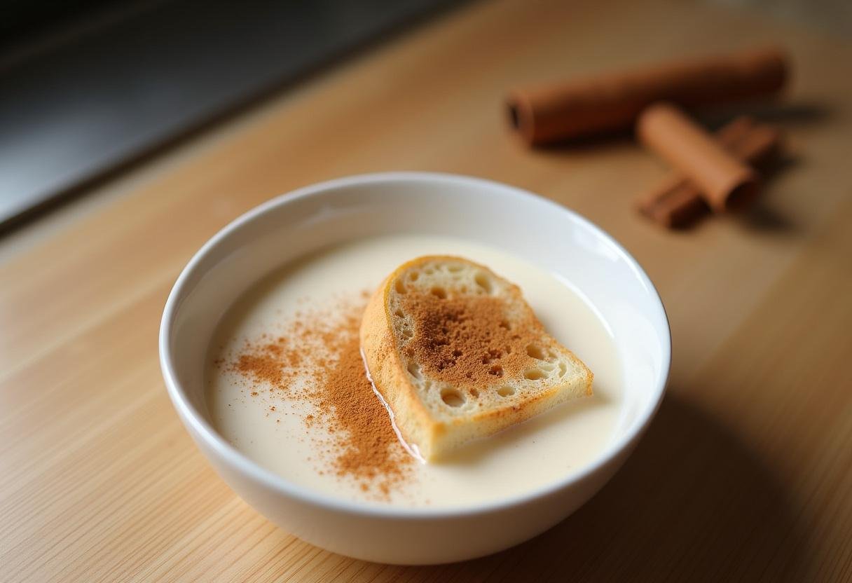 Tigela com leite, açúcar e canela para embebedar as fatias de pão na Rabanada.