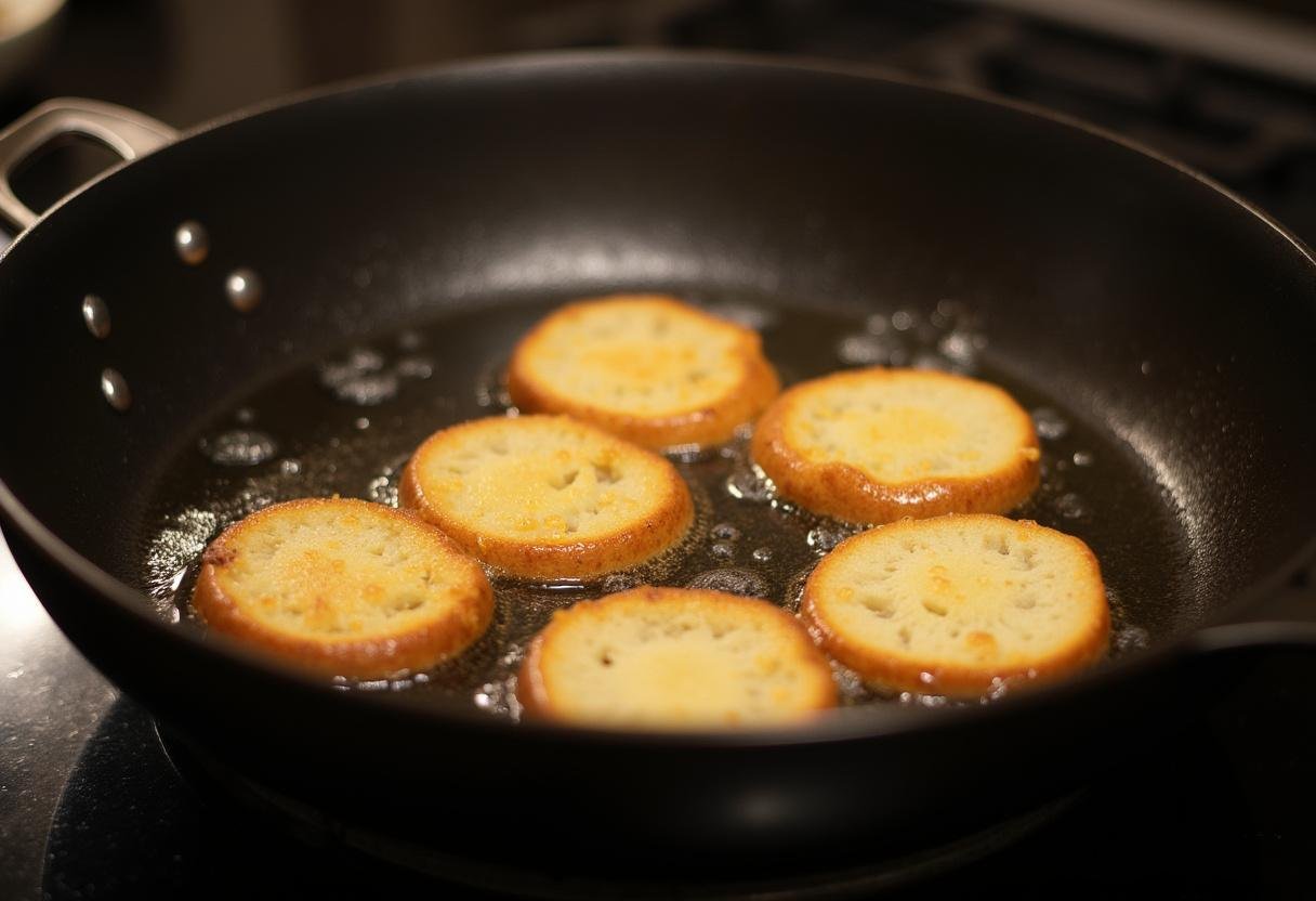 Frigideira com óleo quente pronto para fritar as fatias de pão da Rabanada.
