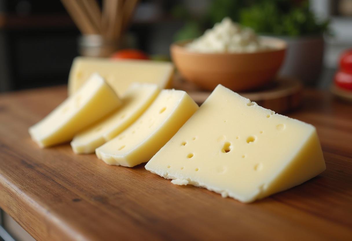 Fatias de queijo branco fresco dispostas em uma tábua de corte para fazer Romeu e Julieta Apaixonado.