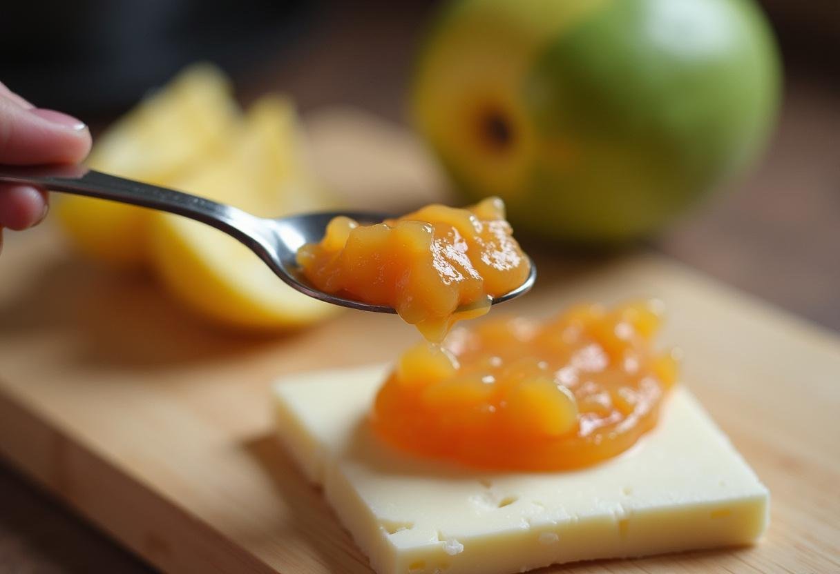 Pasta de goiabada sendo espalhada sobre uma fatia de queijo branco para fazer Romeu e Julieta Apaixonado.