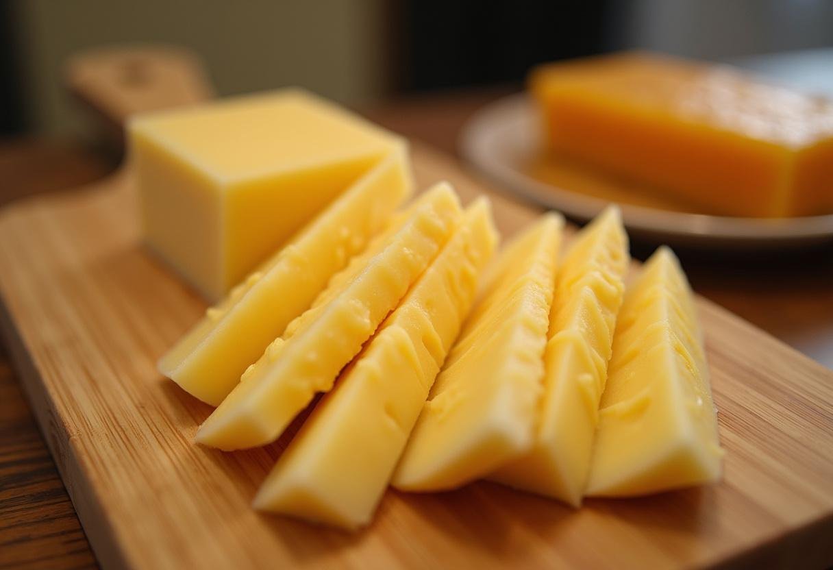 Artisanal cheese slices arranged on a cutting board for Romeu e Julieta Apaixonado com Goiabada.