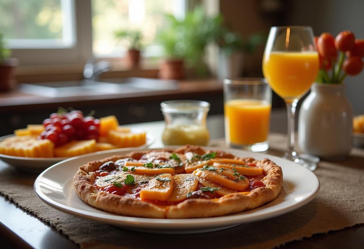 Tray of Romeu e Julieta with fruits in a cozy kitchen setting.