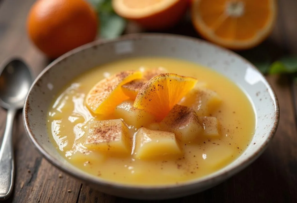 Traditional chilled Sagu dessert with orange garnish, ready to serve.