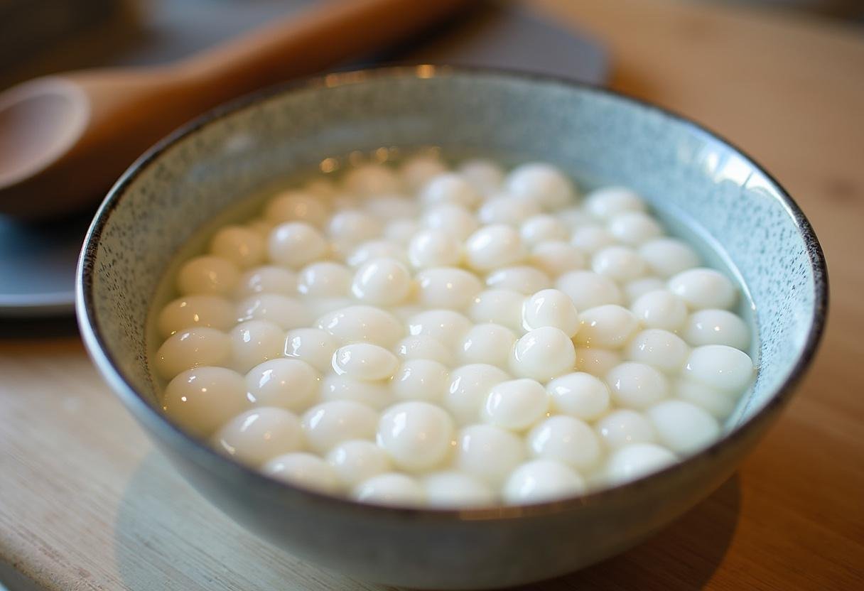 Tapioca pearls soaking in water for making traditional Sagu dessert.