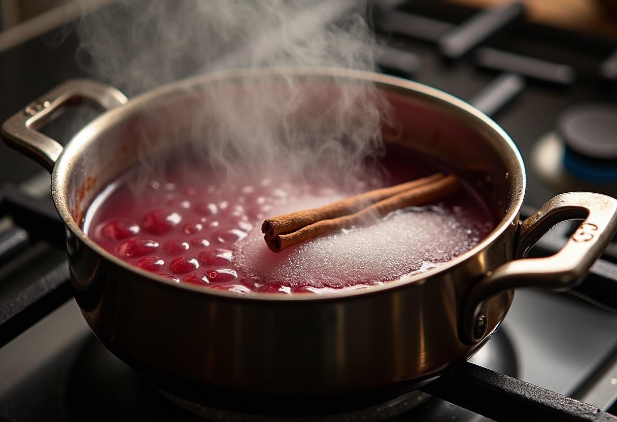 Red wine and sugar simmering with cinnamon for Sagu syrup.
