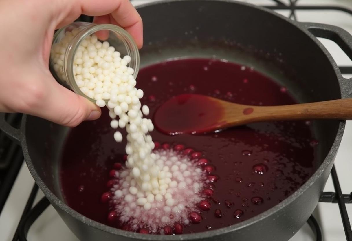 Tapioca pearls being added to the red wine syrup for Sagu.