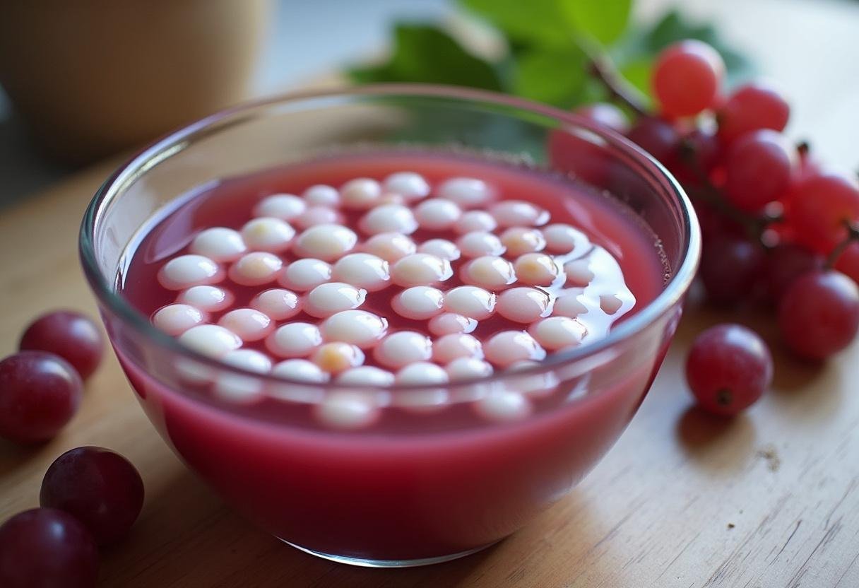 Bolinhas de tapioca hidratando no suco de uva para o Sagu de Suco de Uva.
