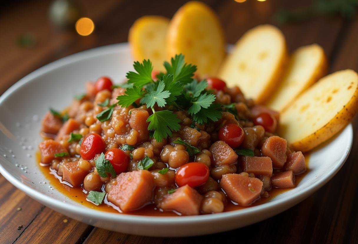 Salpicão finalizado, decorado com salsa e batata palha, pronto para servir.
