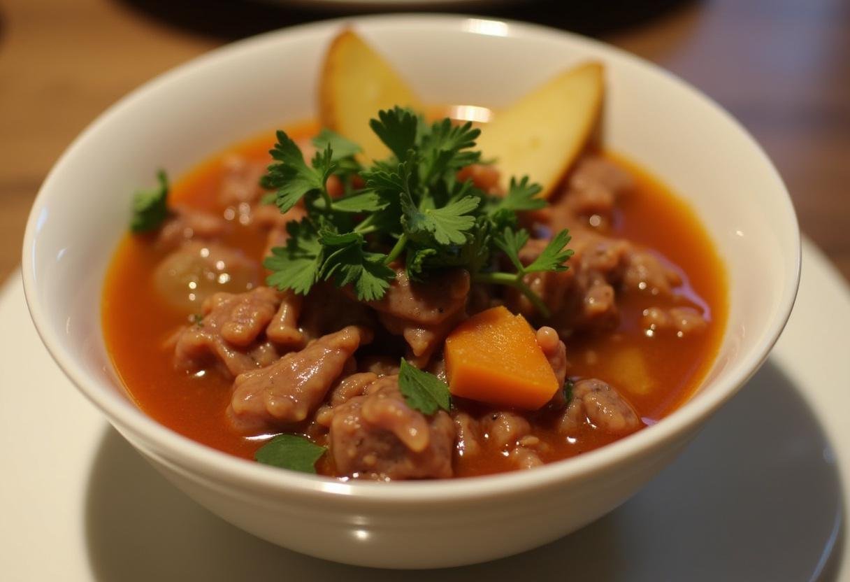 Salpicão finalizado, decorado com salsa e batata palha, pronto para servir.