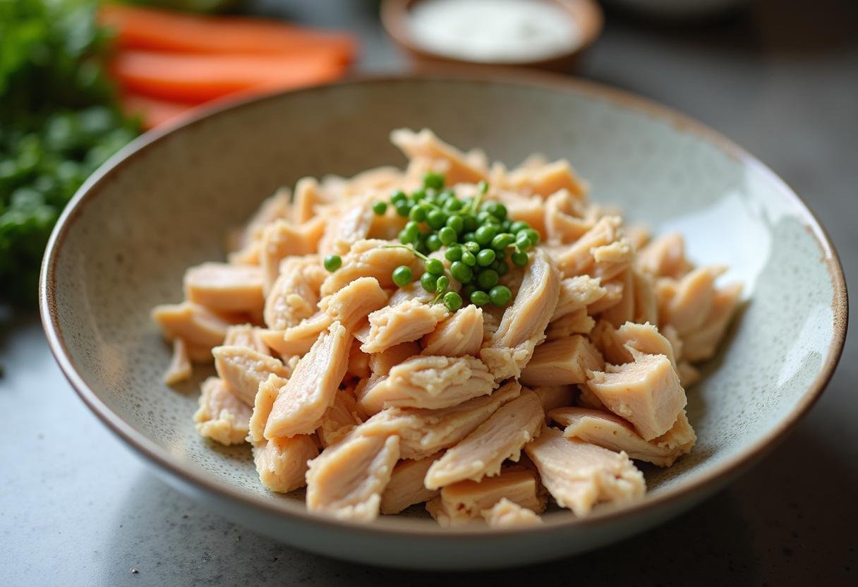 Frango desfiado e legumes frescos preparados para fazer salpicão.