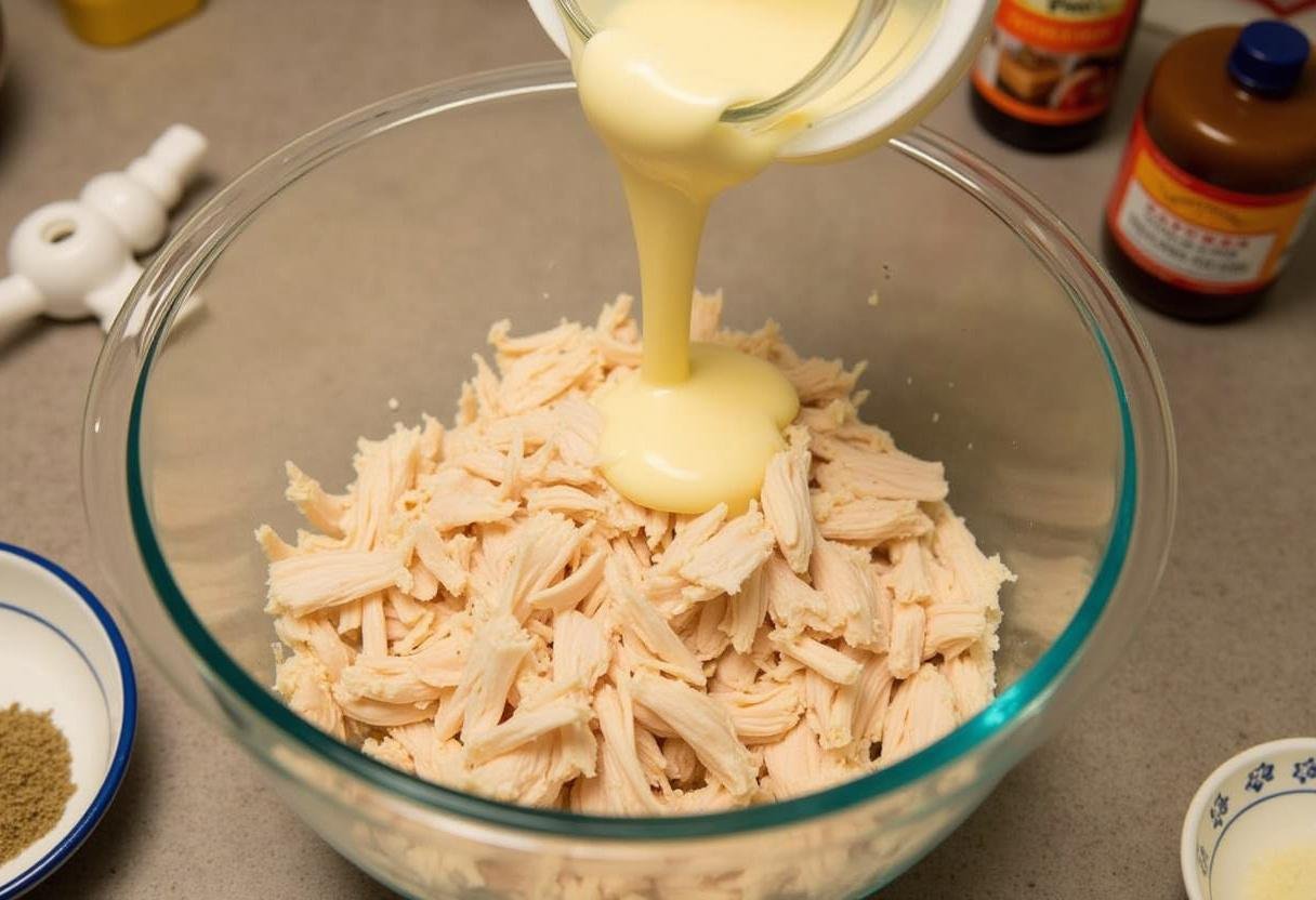 Maionese sendo adicionada ao frango desfiado para a receita de salpicão.